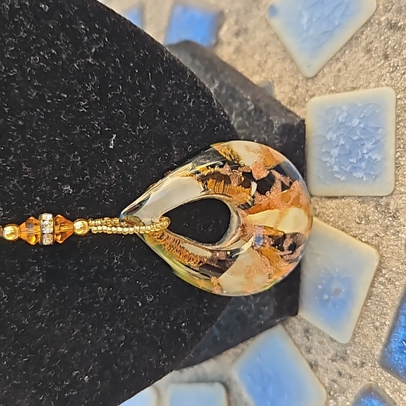 Goldtone Chain Glass Gold Black White Pendant. Made in Italy. - Picture 2 of 4